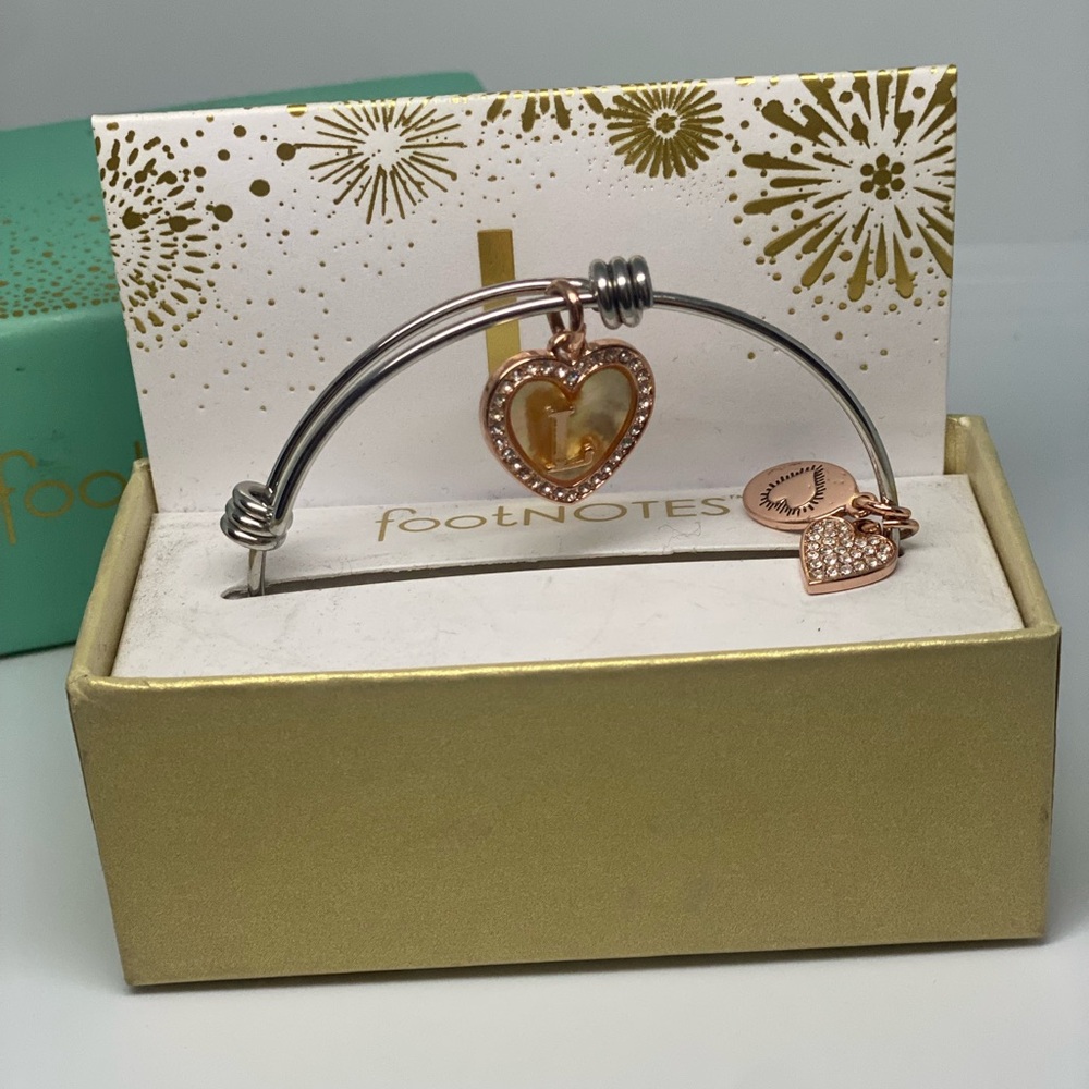 Footnotes Stainless Steel Bangle Bracelet with Rose Gold Heart Charm "L" Initial